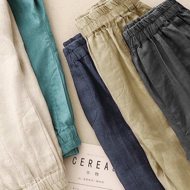 Buddha Stones Summer Solid Color Side Button Design Cotton Linen Women's Harem Pants With Pockets