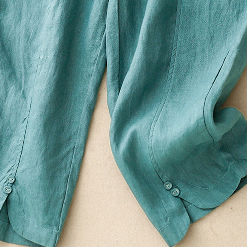 Buddha Stones Summer Solid Color Side Button Design Cotton Linen Women's Harem Pants With Pockets
