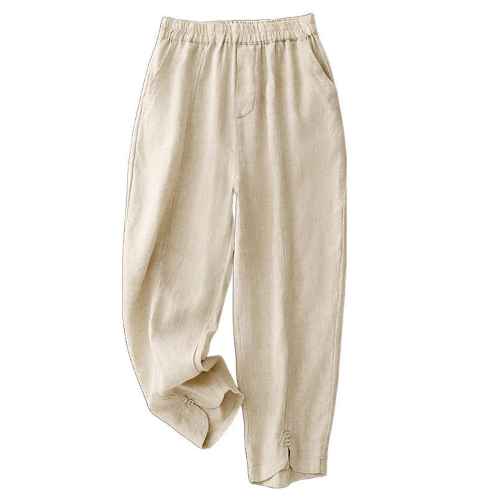 Buddha Stones Summer Solid Color Side Button Design Cotton Linen Women's Harem Pants With Pockets