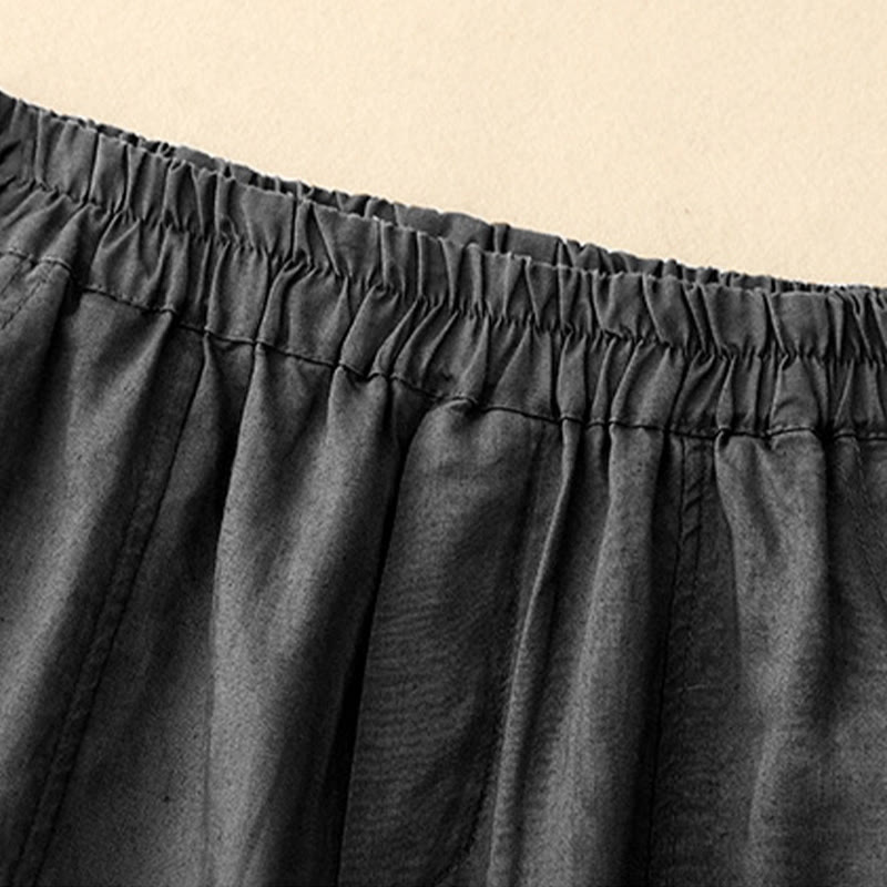 Buddha Stones Summer Solid Color Side Button Design Cotton Linen Women's Harem Pants With Pockets