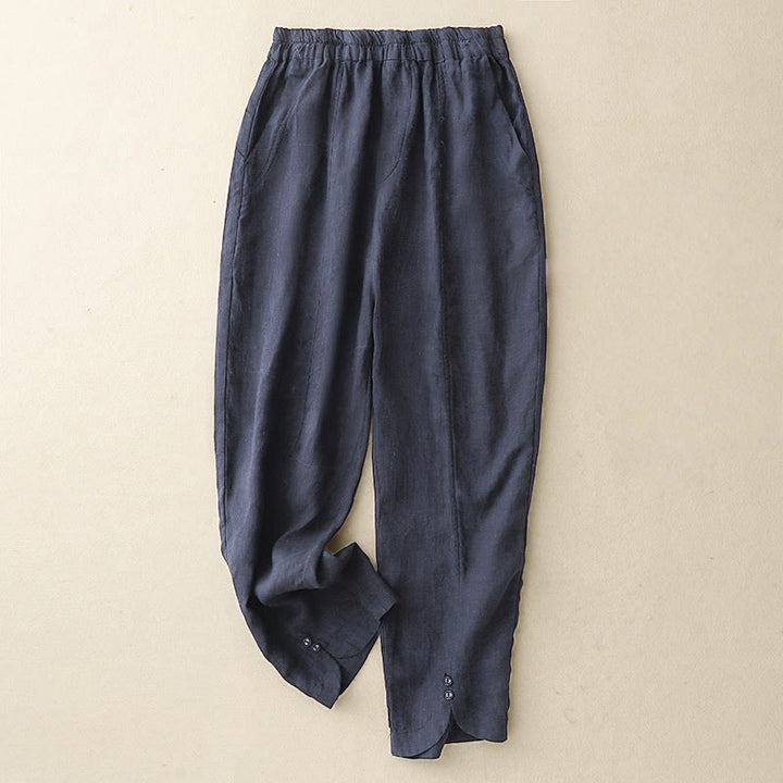 Buddha Stones Summer Solid Color Side Button Design Cotton Linen Women's Harem Pants With Pockets