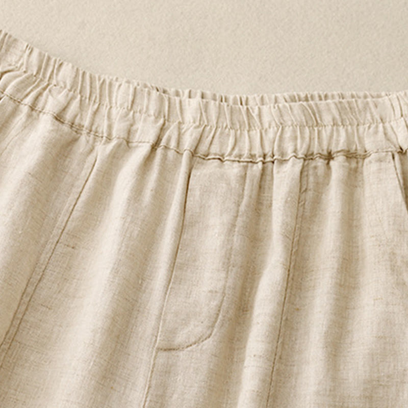 Buddha Stones Summer Solid Color Side Button Design Cotton Linen Women's Harem Pants With Pockets