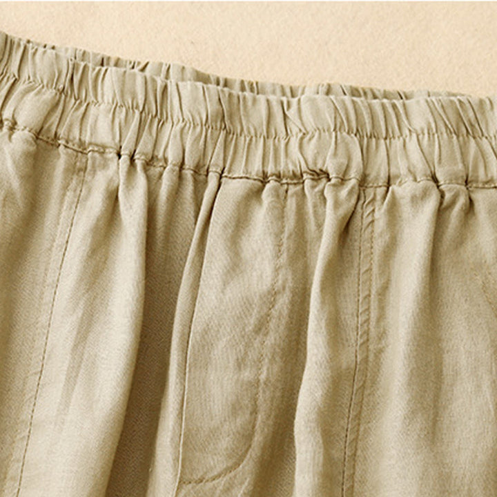Buddha Stones Summer Solid Color Side Button Design Cotton Linen Women's Harem Pants With Pockets