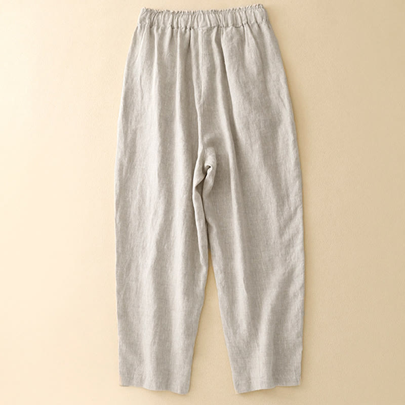 Buddha Stones Summer Solid Color Side Button Design Cotton Linen Women's Harem Pants With Pockets