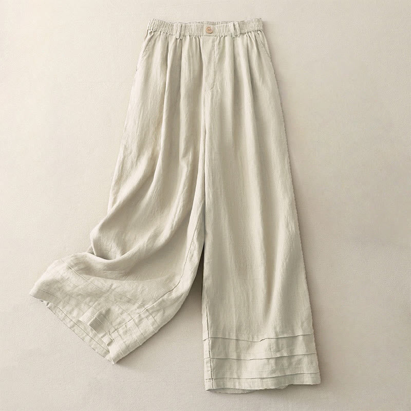 Buddha Stones Vintage Solid Color Pleated Cuff Design Cotton Linen Women's Wide Leg Pants With Pockets - Linen - US8-10，UK/AU12-14，EU40-42 (2XL) - image 0