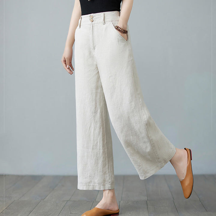 Buddha Stones Daily Solid Color Patchwork Simple Design Cotton Linen Women's Pants With Pockets - image 2