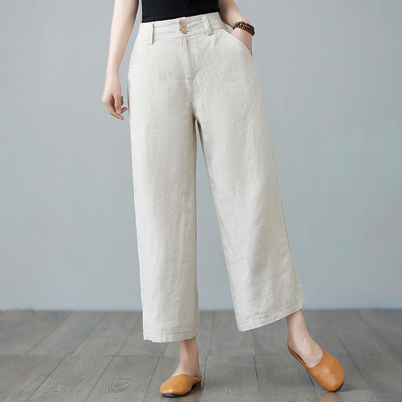 Buddha Stones Daily Solid Color Patchwork Simple Design Cotton Linen Women's Pants With Pockets - Beige - US8-10，UK/AU12-14，EU40-42 (2XL) - image 0