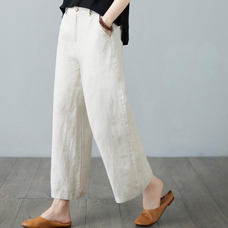 Buddha Stones Daily Solid Color Patchwork Simple Design Cotton Linen Women's Pants With Pockets - image 3