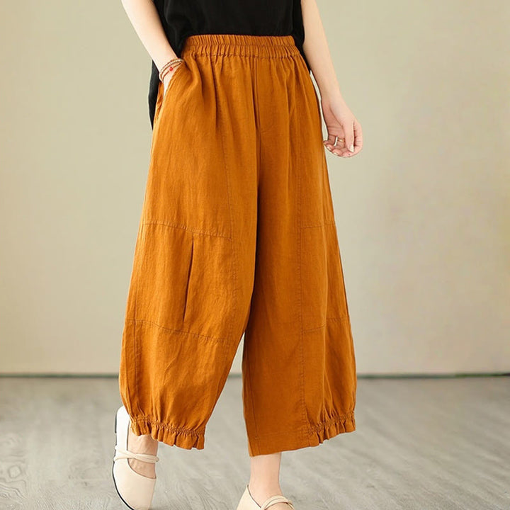 Buddha Stones Vintage Casual Pleated Design Cotton Women's Wide Leg Cropped Pants With Pockets - DarkOrange - US8-10，UK/AU12-14，EU40-42 (2XL) - image 6