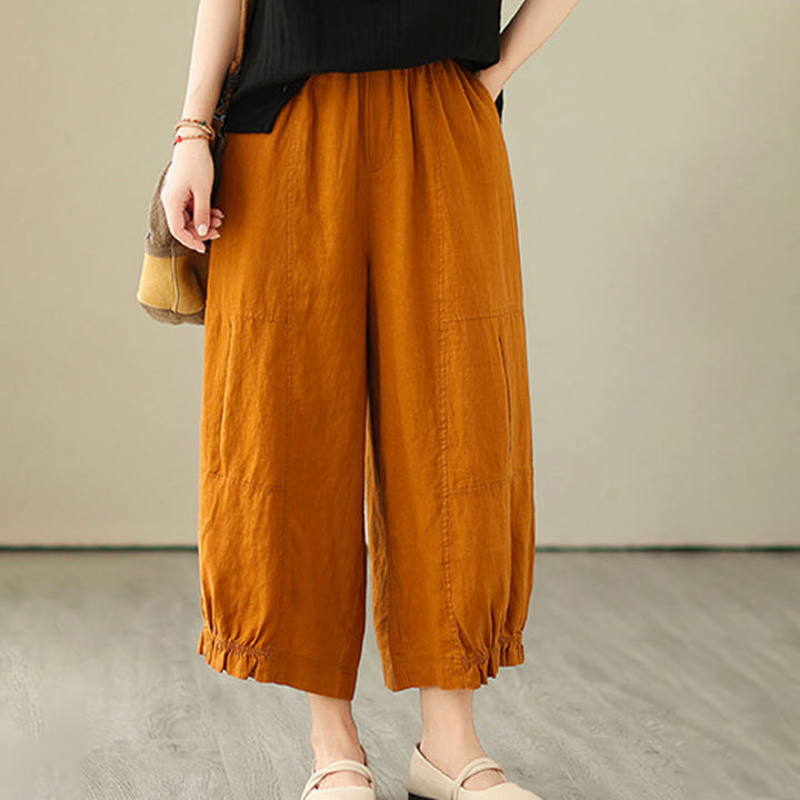 Buddha Stones Vintage Casual Pleated Design Cotton Women's Wide Leg Cropped Pants With Pockets - image 11