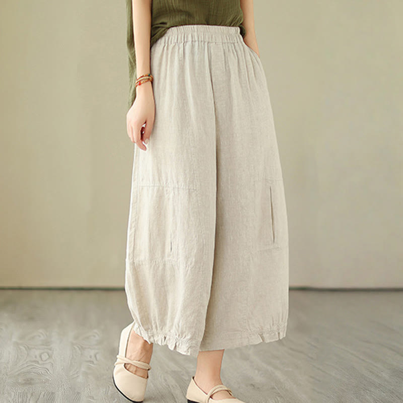 Buddha Stones Vintage Casual Pleated Design Cotton Women's Wide Leg Cropped Pants With Pockets - Beige - US8-10，UK/AU12-14，EU40-42 (2XL) - image 12