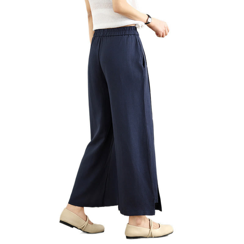 Buddha Stones Spring Casual Navy Simple Line Design Cotton Linen Women's Wide Leg Pants With Pockets - image 9