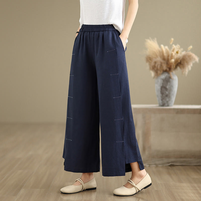Buddha Stones Spring Casual Navy Simple Line Design Cotton Linen Women's Wide Leg Pants With Pockets - Navy - US8-10，UK/AU12-14，EU40-42 (2XL) - image 0