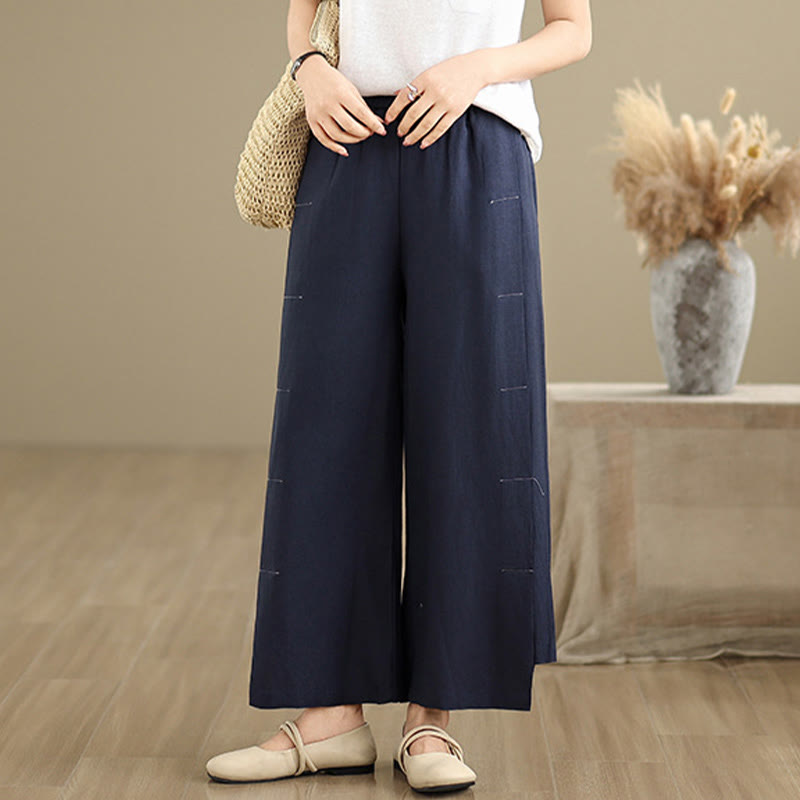 Buddha Stones Spring Casual Navy Simple Line Design Cotton Linen Women's Wide Leg Pants With Pockets - image 3