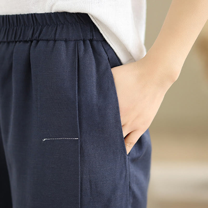 Buddha Stones Spring Casual Navy Simple Line Design Cotton Linen Women's Wide Leg Pants With Pockets - image 6