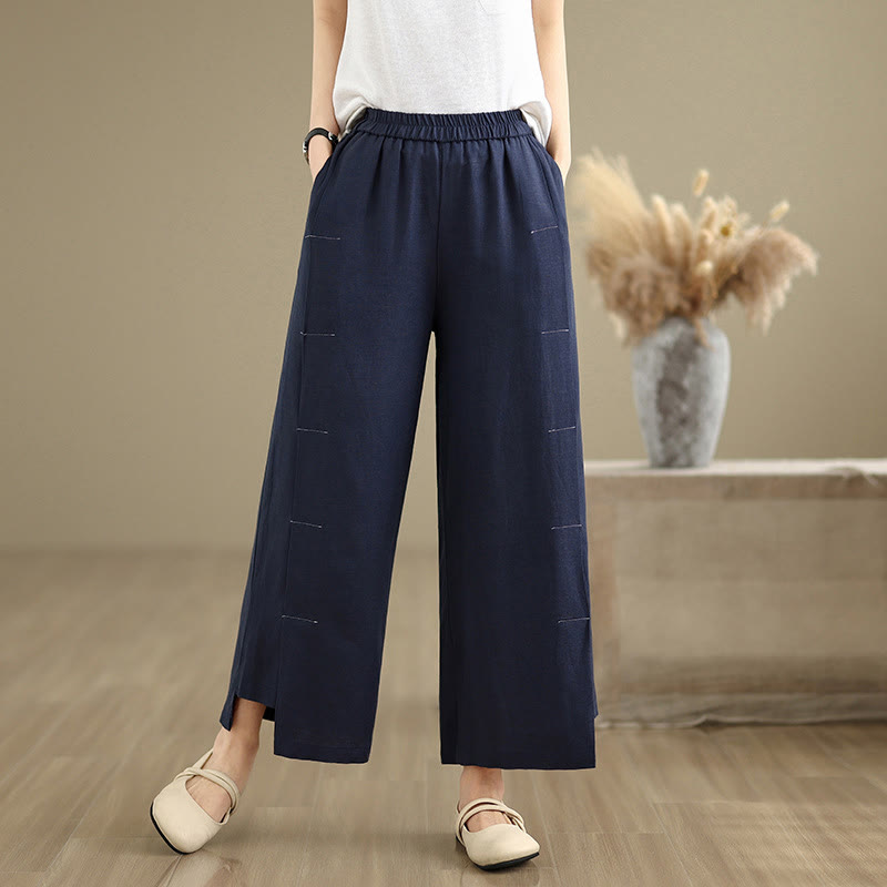 Buddha Stones Spring Casual Navy Simple Line Design Cotton Linen Women's Wide Leg Pants With Pockets - image 4