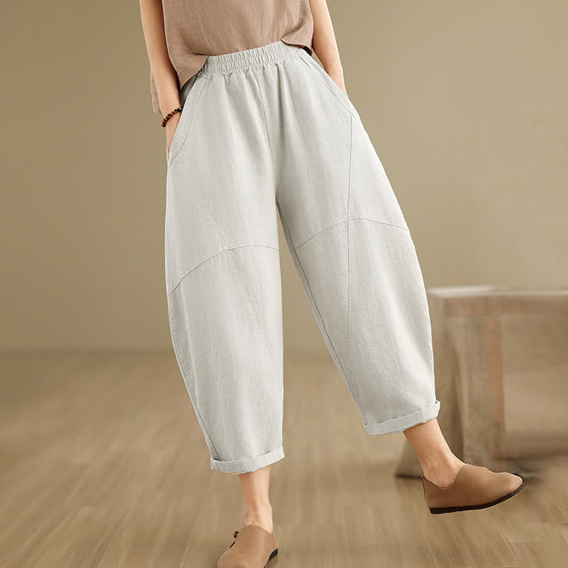 Buddha Stones Spring Casual 7-8 Length  Women's Cotton Linen Harem Pants With Pockets