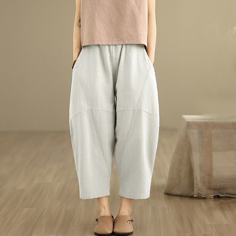 Buddha Stones Spring 7-8 Length Solid Color Women's Cotton Linen Harem Pants With Pockets - image 1