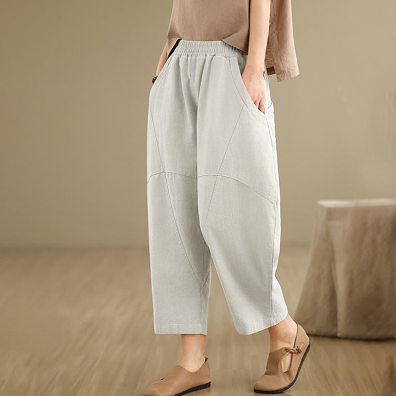 Buddha Stones Spring Casual 7-8 Length  Women's Cotton Linen Harem Pants With Pockets