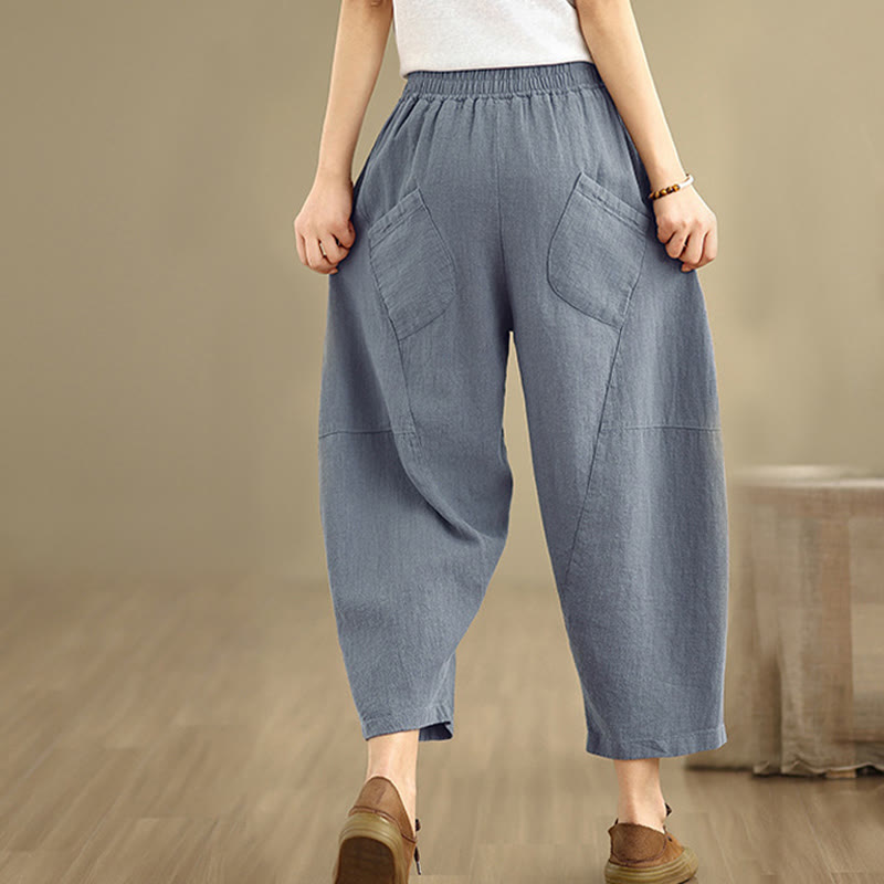 Buddha Stones Spring Casual 7-8 Length  Women's Cotton Linen Harem Pants With Pockets