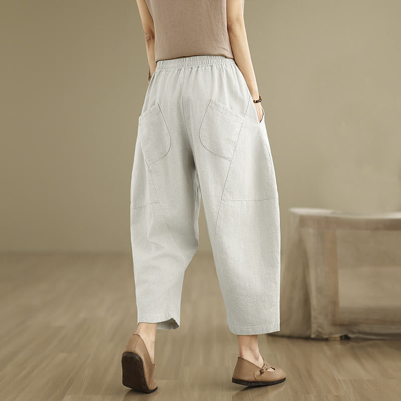 Buddha Stones Spring Casual 7-8 Length  Women's Cotton Linen Harem Pants With Pockets