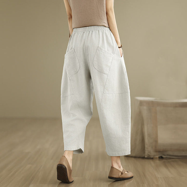 Buddha Stones Spring Casual 7-8 Length  Women's Cotton Linen Harem Pants With Pockets