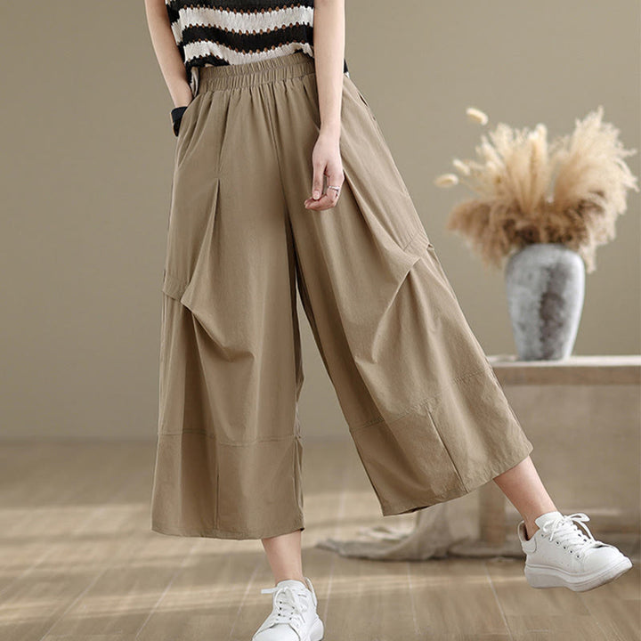Buddha Stones Summer Irregular Pleating Design Cotton Women's Wide Leg Pants With Pockets
