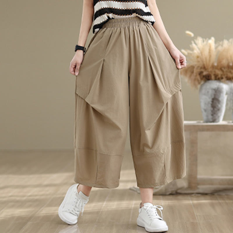 Buddha Stones Summer Irregular Pleating Design Cotton Women's Wide Leg Pants With Pockets