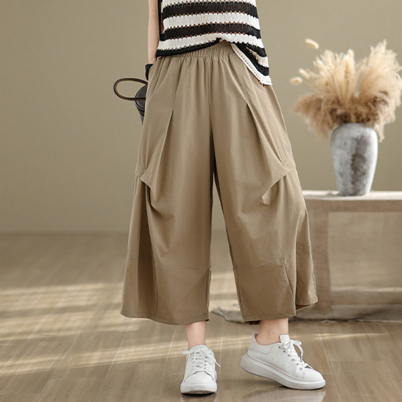 Buddha Stones Summer Irregular Pleating Design Cotton Women's Wide Leg Pants With Pockets