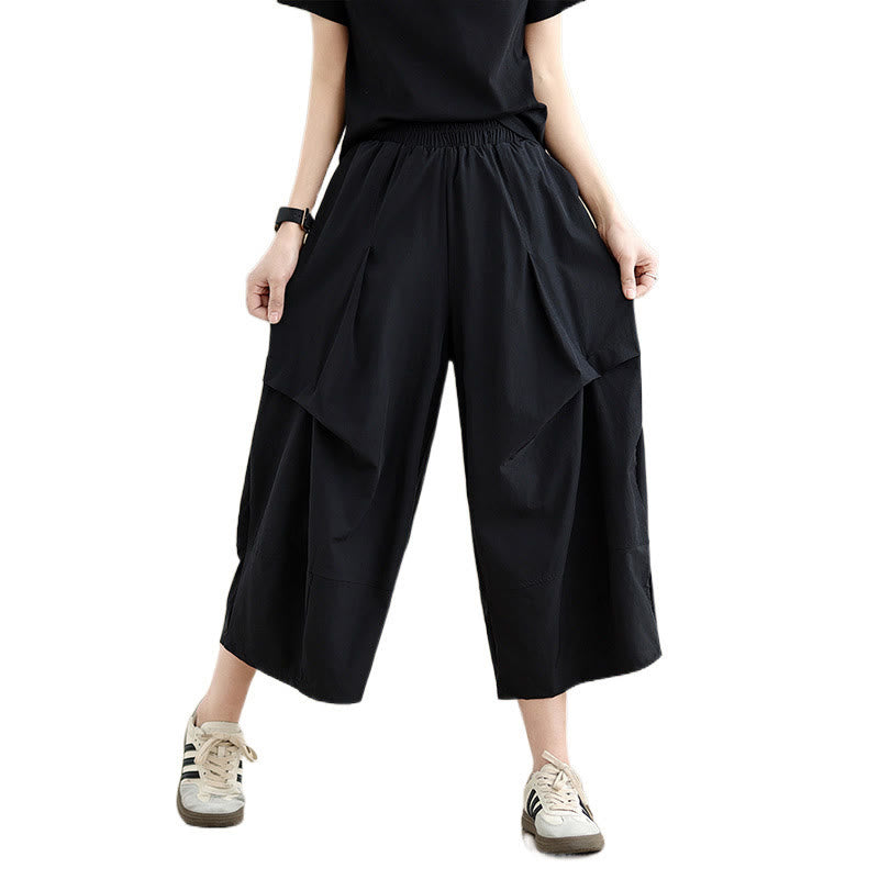Buddha Stones Summer Irregular Pleating Design Cotton Women's Wide Leg Pants With Pockets