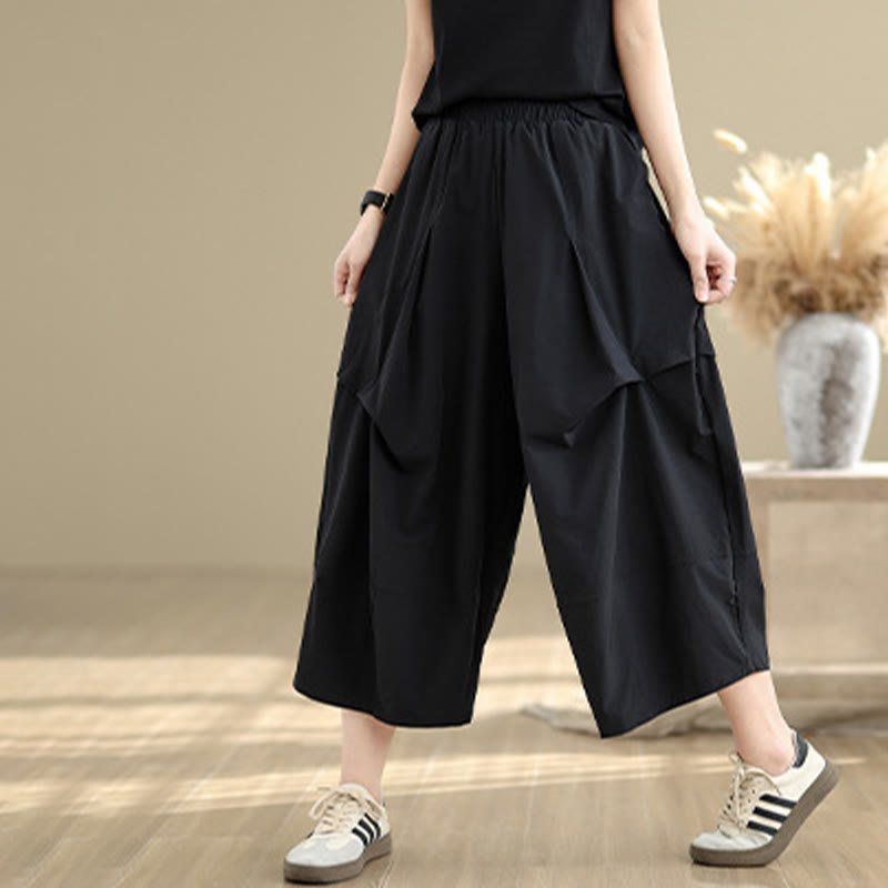 Buddha Stones Summer Irregular Pleating Design Cotton Women's Wide Leg Pants With Pockets