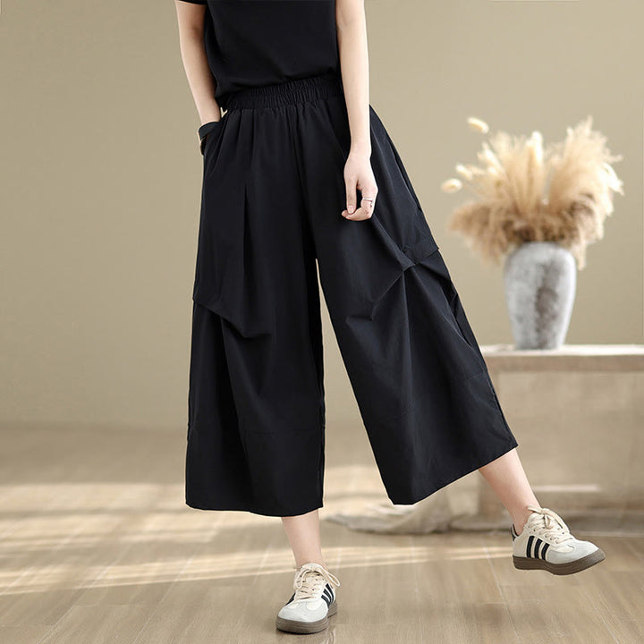 Buddha Stones Summer Irregular Pleating Design Cotton Women's Wide Leg Pants With Pockets