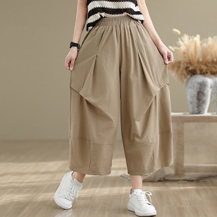 Buddha Stones Summer Irregular Pleating Design Cotton Women's Wide Leg Pants With Pockets - image 1