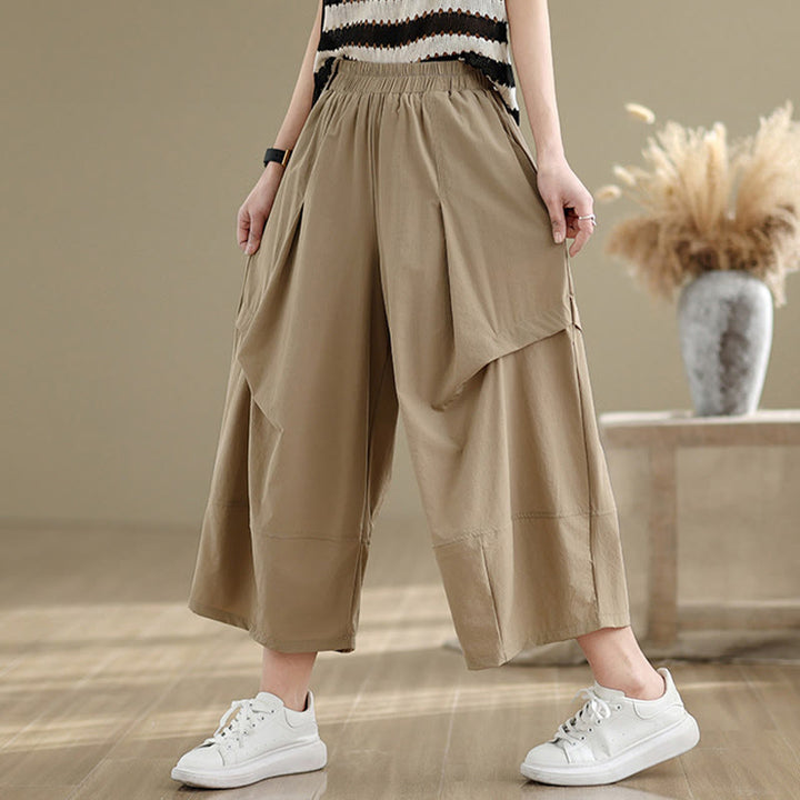 Buddha Stones Summer Irregular Pleating Design Cotton Women's Wide Leg Pants With Pockets - image 4