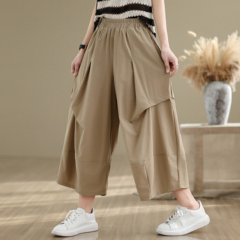 Buddha Stones Summer Irregular Pleating Design Cotton Women's Wide Leg Pants With Pockets