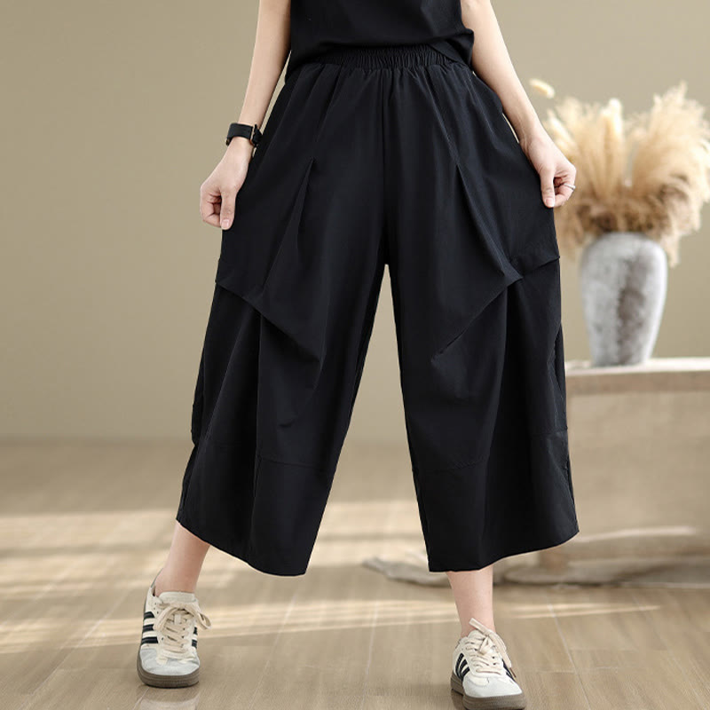Buddha Stones Summer Irregular Pleating Design Cotton Women's Wide Leg Pants With Pockets
