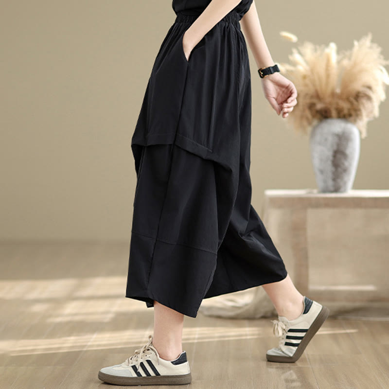 Buddha Stones Summer Irregular Pleating Design Cotton Women's Wide Leg Pants With Pockets