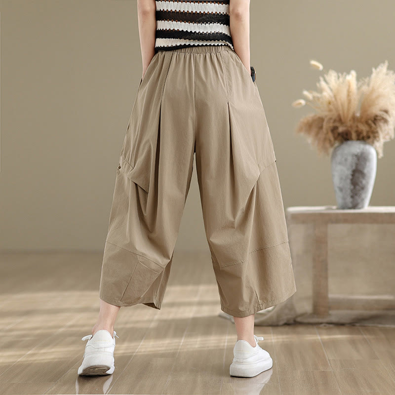 Buddha Stones Summer Irregular Pleating Design Cotton Women's Wide Leg Pants With Pockets