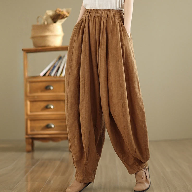 Buddha Stones Vintage Patchwork Lantern Design Cotton Linen Women's Wide Leg Pants With Pockets - Chocolate - US8-10，UK/AU12-14，EU40-42 (2XL) - image 0