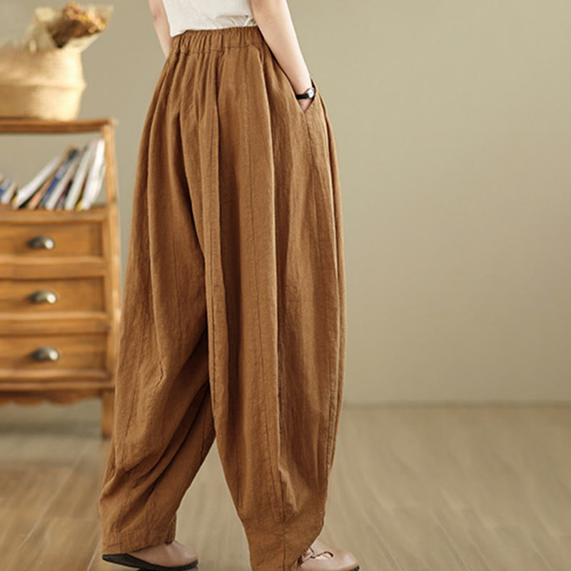 Buddha Stones Vintage Patchwork Lantern Design Cotton Linen Women's Wide Leg Pants With Pockets - image 3