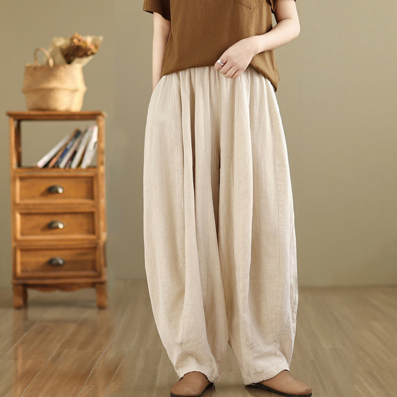 Buddha Stones Vintage Patchwork Lantern Design Cotton Linen Women's Wide Leg Pants With Pockets - Beige - US8-10，UK/AU12-14，EU40-42 (2XL) - image 18