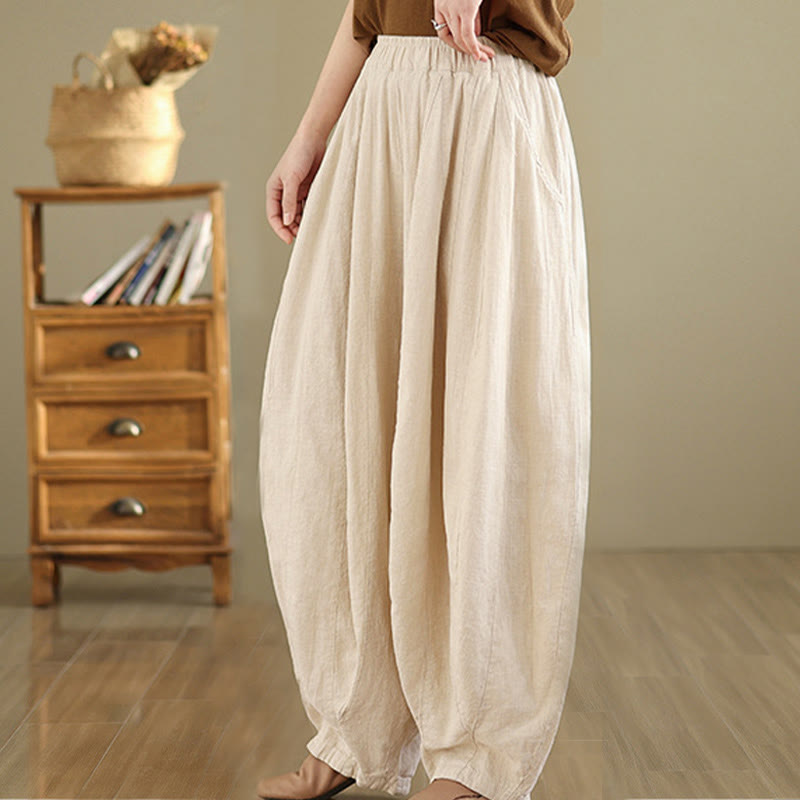 Buddha Stones Vintage Patchwork Lantern Design Cotton Linen Women's Wide Leg Pants With Pockets - image 21