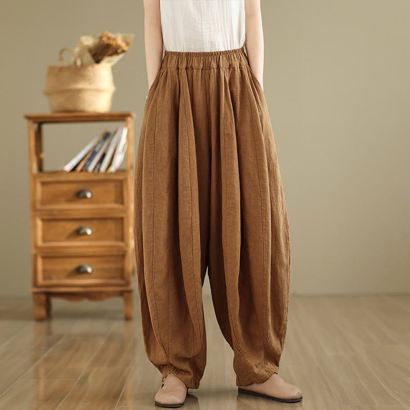 Buddha Stones Vintage Patchwork Lantern Design Cotton Linen Women's Wide Leg Pants With Pockets - image 2