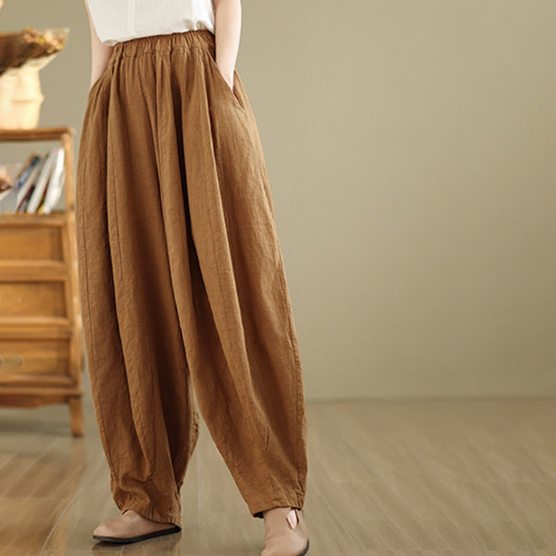 Buddha Stones Vintage Patchwork Lantern Design Cotton Linen Women's Wide Leg Pants With Pockets - image 1