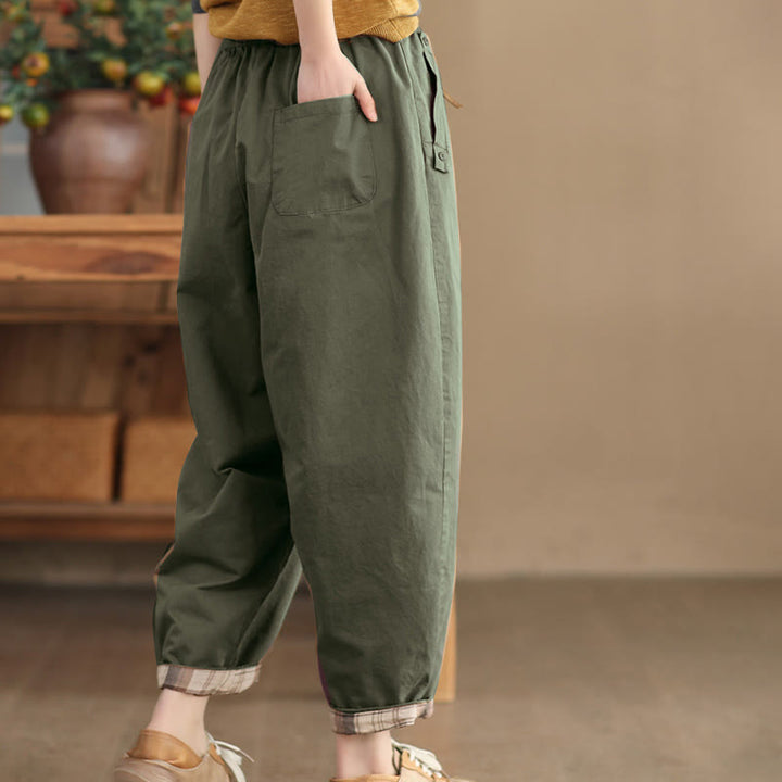 Buddha Stones Casual Plain Patched Cuff Design Women's Cotton Harem Cropped Pants With Pockets