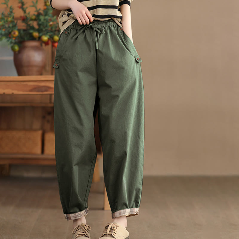 Buddha Stones Casual Plain Patched Cuff Design Women's Cotton Harem Cropped Pants With Pockets