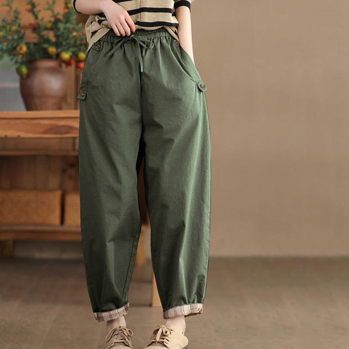 Buddha Stones Casual Plain Patched Cuff Design Women's Cotton Harem Cropped Pants With Pockets