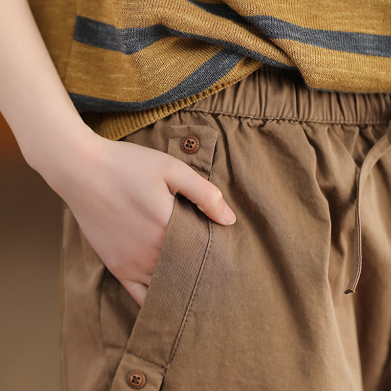 Buddha Stones Casual Plain Patched Cuff Design Women's Cotton Harem Cropped Pants With Pockets