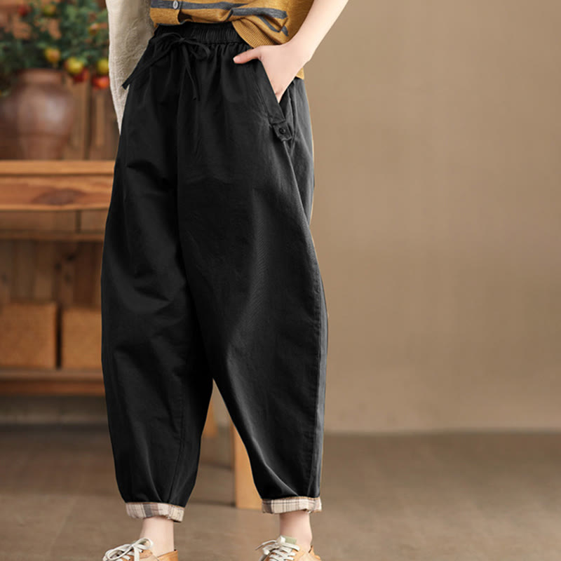 Buddha Stones Casual Plain Patched Cuff Design Women's Cotton Harem Cropped Pants With Pockets