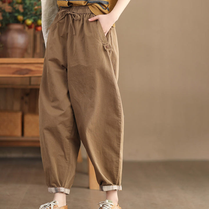 Buddha Stones Casual Plain Patched Cuff Design Women's Cotton Harem Cropped Pants With Pockets
